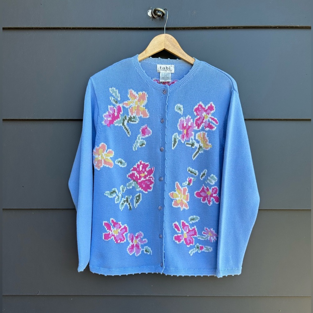 Tabi International Blue Floral Cotton Embroidered Sweater - M - Picture 2 of 7